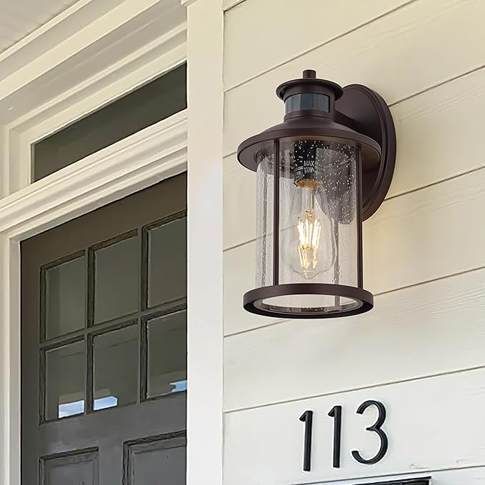 MICSIU 11.5 Inch Motion Sensor Exterior Wall Sconce 2 Pack, Dusk to Dawn Outdoor Lighting with Clear Seedy Glass, Oil Rubbed Bronze Outside Lights for Porch, Garage, Doorway, Pathway.