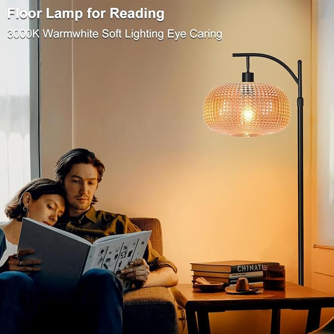 Modern Floor Lamps for Living Room, Dimmable Tall Standing Lamp with Amber Shade & Remote Control, Glass Floor Lamps for Bedroom Office Corner, 1 x 12W LED Bulb Included