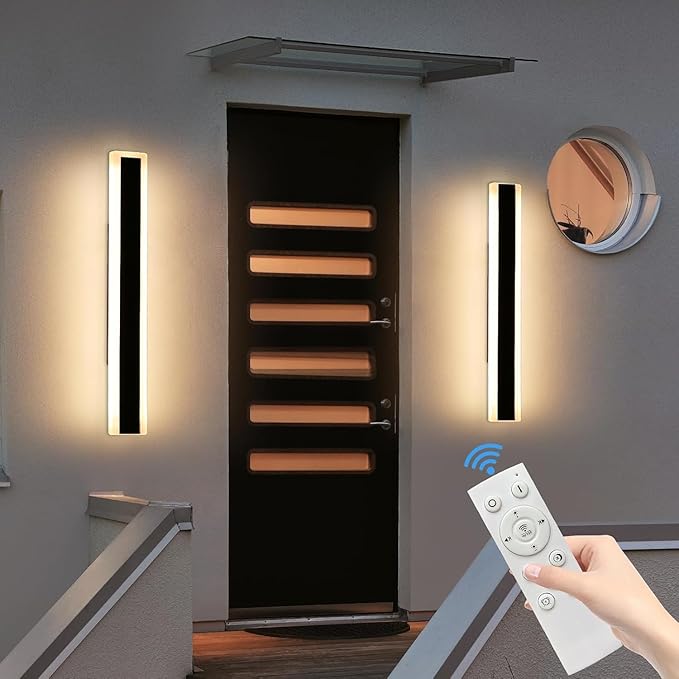 2 Pack 23.6inch Modern Outdoor Light Fixture, 3000K-6000K Dimmable Wall Sconce, IP65 Waterproof Linear Exterior LED Light with Remote Control, Black Aluminium for Porch, Patio, Garage
