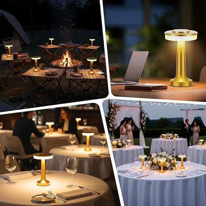 VIHOSE Cordless Table Lamps LED Portable Rechargeable Table Lamp with Touch Sensor 3 Color Dimming up to 15 Hours Battery Desk Light for Restaurant Nursery Living Room(Gold,12 Pcs)