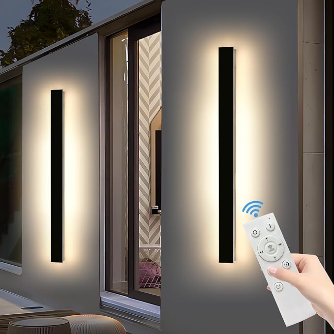 Mikeru 3CCT Dimmable Outdoor Wall Sconce 57" IP65 Waterproof - 2Pack Modern Black Exterior Light with Remote Control, Adjustable 3000K/4500K/6000K for Porch, Patio & Commercial Spaces | Hardwired