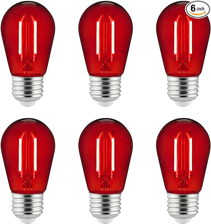 Sunlite LED S14 String Light Bulb, 2 Watts (25W Equivalent), Medium E26 Base, Party Decoration, Holiday Lighting, Transparent, Dimmable, UL Listed, Red, 6 Count