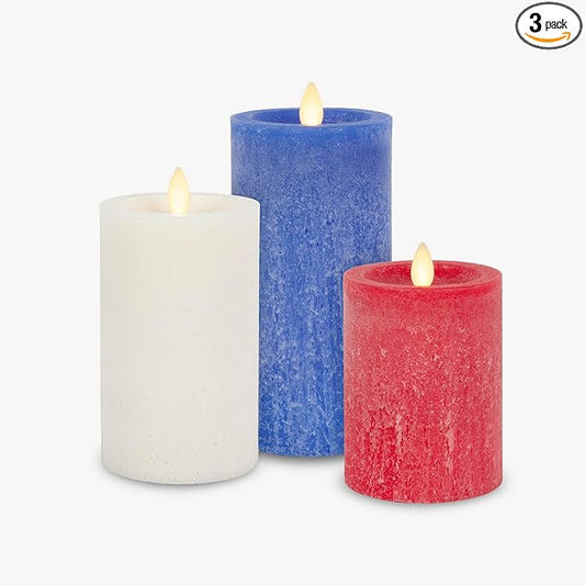 Luminara Red White & Blue Americana Pillar Trio - Set of 3 Flickering Flameless Wax Candles - Battery Operated LED Real Flame Illumination for Patriotic Holiday Decor - Timer - Remote Sold Separately