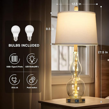 27.5" Clear Glass Table Lamp Set of 2 with Night Light,Bedside Lamps with USB Ports and AC Outlet, Modern Nightstand Lamps Retro Farmhouse lamp for Bedroom Living Room
