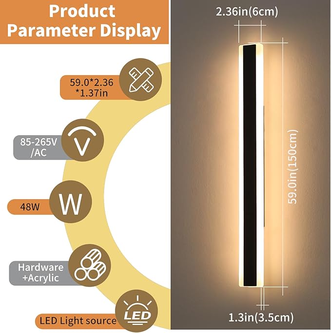 59inch Outdoor Wall Sconces Dimmable 3 Color 3000K/4500K/6000K, Modern Wall Mounted Lights, IP65 Waterproof, Exterior Linear Lighting Fixture for Yard, Porch, Patio, Garage with Remote Control