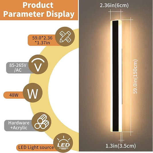 Modern Outdoor Wall Light, 59inch Long LED Wall Sconce, IP65 Waterproof, 3000K Warm White, Black Linear Exterior Lighting Fixture Garage Lamp for Porch, Patio, Garage, Shop, Garden