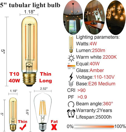 LiteHistory Dimmable E26 LED Bulb 4W Equal Edison Bulb 40 Watt AC120V Tubular Light Bulb Warm White 2200K Amber 250lm T10 LED Bulb for Rustic Pendant,Chandeliers,Wall sconces E26 Light Bulbs 6Pack