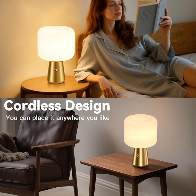 Cordless LED Table Lamp, Desk Lamp for Home Office with Battery Operated, Stepless Dimming Antique Light for Study Library, White Glass Shade, Brass