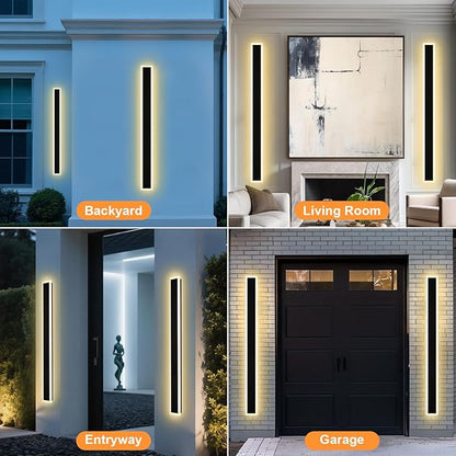 2 Pack Outdoor Long Wall Lights 60In Modern Exterior LED Linear Wall Sconce, Black Wall-Mounted LED Outdoor Linear Lighting Fixture IP65 Waterproof Exterior Garage Lights for Courtyard Porch
