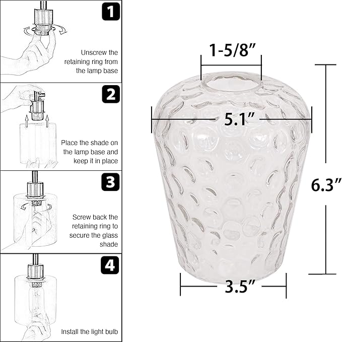 Wine Glass Lamp Shade for Lighting Fixture, 6.3" Height, 1-5/8 Inch Fitter, 3 Pack Clear Hammered Water Ripple Glass Replacement Globe Shade