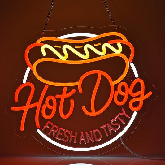 Hot Dog Neon Sign Light up Sign Business Signage for Home Kitchen Restaurant Bar Cafe Fast Food Shop Gift 14.6" x 12.6" Led Art Wall Hanging Decorative Neon Handmade LED Neon Tubing Signs