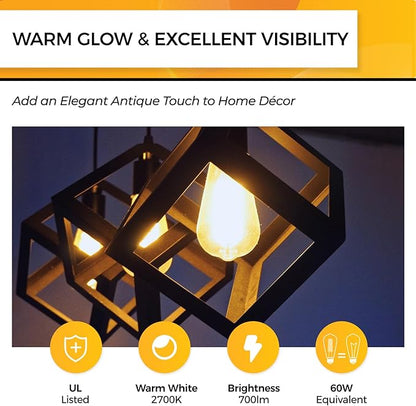 Hizashi Edison Bulb 60 Watt LED, 2700K Dimmable LED Light Bulbs E26 Base, ST19 Vintage Light Bulbs Soft Warm White, 95+CRI, UL Listed,700 Lumens 6W, Clear Glass, Pack of 3