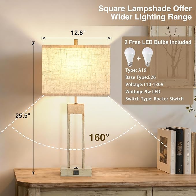 GyroVu 25.5" Nightstand Table Lamps for Bedrooms Set of 2, Bedside Lamp with USB C+A, Colors Changeable Living Room Lamp, Modern Night Stand Lamps for Bed Side Guest Room Reading, Antique White