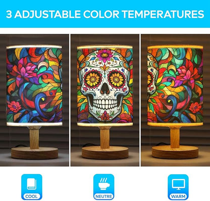 Day of The Dead Table Lamp LED 3-Color Pressed Bedside, Day of The Dead Shade Lamp with Wood Base for Bedroom Living Room Desk Office TL01