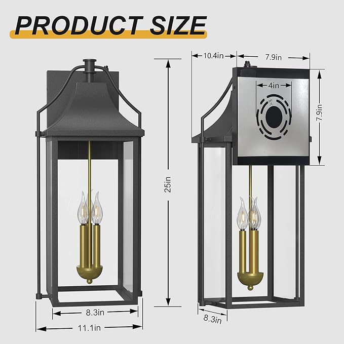 𝟮𝟱-𝗜𝗡𝗖𝗛 Outdoor Wall Lights Fixtures, Large Size Dusk to Dawn Waterproof Exterior Lanterns, Modern Porch Sconce Wall Mounted with Glass, Black Outside Lights for House Patio Front Door