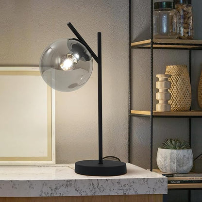 Black Table Lamp Vintage Metal Desk Lamp Modern Smoke Gray Glass Globe Nightstand Lamp Nordic Bedside Lamp for Living Room Bedroom Office