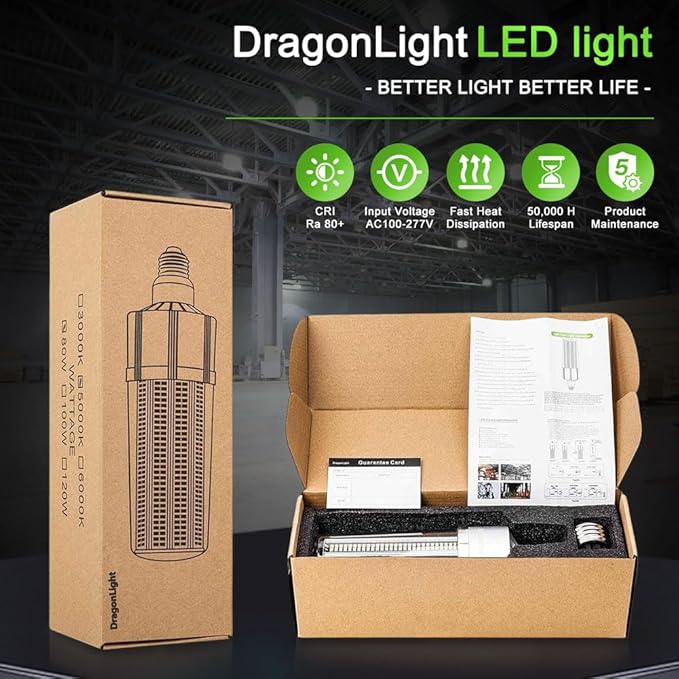 DragonLight 80W Commercial Grade Corn LED Light Bulb(600 Watt Equivalent) E26/E39 Large Mogul Base LED Lamp 5000K Daylight 9,600LM for High Bay Area Lightingea Lighting