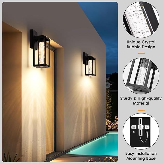 Brightever 2-Pack Outdoor Wall Lights Fixture, Exterior Waterproof 10W Matte Black Outdoor Wall Lanterns Sconces with Crystal Bubble Glass, Modern LED Outside Lights for House, Porch, Garage, Patio