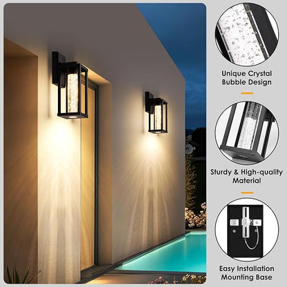 Brightever 2-Pack Outdoor Wall Lights Fixture, Exterior Waterproof 10W Matte Black Outdoor Wall Lanterns Sconces with Crystal Bubble Glass, Modern LED Outside Lights for House, Porch, Garage, Patio