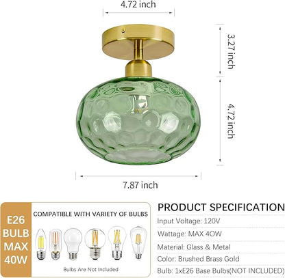 Green Glass Semi Flush Mount Ceiling Light - 7.9 Inch Hammered Art Deco Glass Small Hallway Light fixtures, Vintage Gold Flush Mount Ceiling Light for entryway Foyer Laundry Room Kitchen
