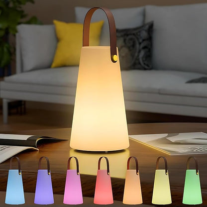 Outdoor Lanterns, GGII Rechargeable Camping Lantern with IP44 Waterproof, Battery Operated Outdoor Portable Cordless Table Lamp with RGB Lights for Patio Balcony Garden (Leather Handle)