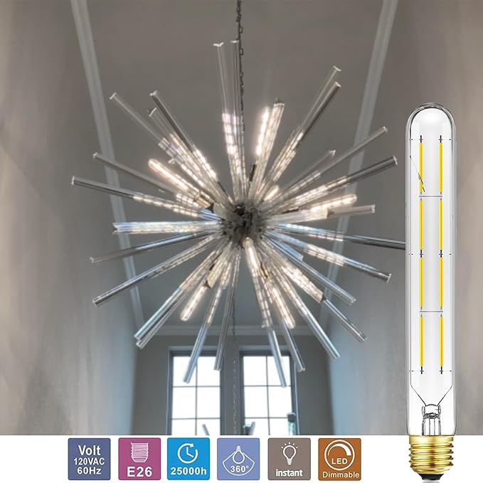 E26 LED Light Bulb,T10 Dimmable Led Tubular Bulb 8W,75 Watt Equivalent,T10 Led Bulbs 5000K Cool White,8.9In Edison Light Bulbs,Clear Glass,6Pack.