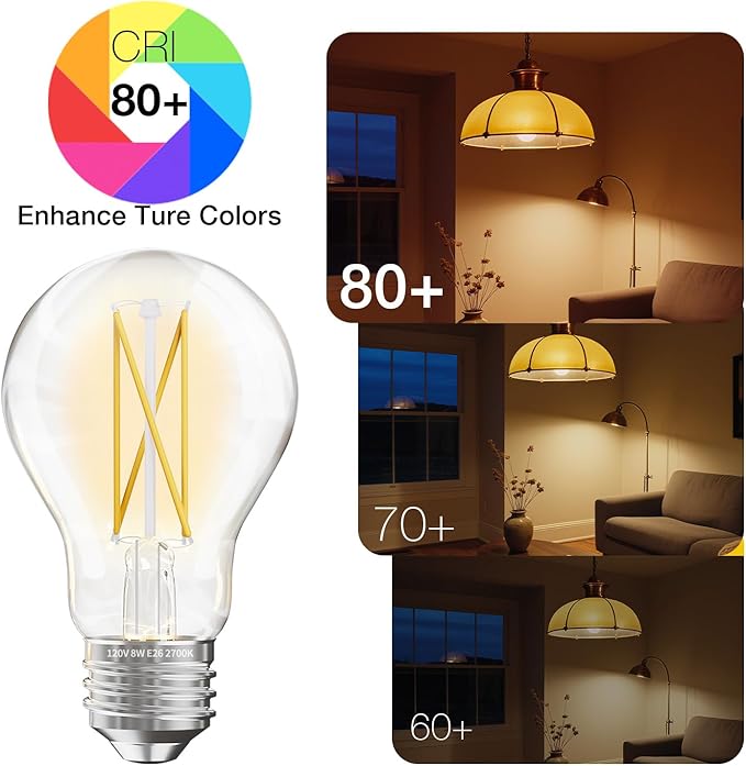 DAYBETTER 12 Pack A19 Vintage LED Edison Bulbs, 60W Equivalent, Dimmable, High Brightness 2700K Warm White, 800 Lumens, 8W E26 Standard Base, CRI80+, Clear Glass Filament Bulb for Living Room
