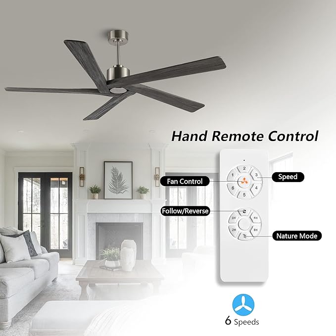 WINGBO 64 Inch DC Ceiling Fan without Lights, 5 Reversible Carved Solid Wood Blades, 6-Speed Noiseless DC Motor, Ceiling Fan No Light with Remote, Brushed Nickel Finish with Gray Blades, ETL Listed