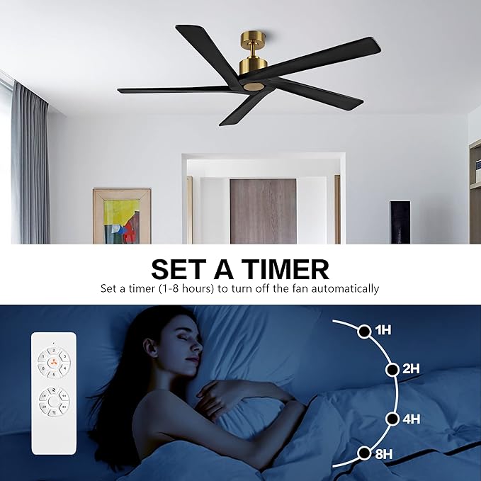 WINGBO 54 Inch DC Ceiling Fan without Lights, 5 Reversible Carved Solid Wood Blades, 6-Speed Noiseless DC Motor, Ceiling Fan No Light with Remote, Brass Finish with Black Blades, ETL Listed
