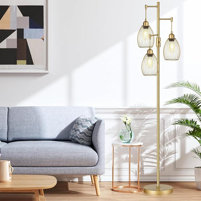 Dimmable Floor Lamp, Industrial Floor Lamps for Living Room, Gold Tree Lamp Standing Lamp Tall Lamps with 3 Elegant Teardrop Cage Head & 800 Lumens LED Bulbs for Living room Bedroom Office Dining Room