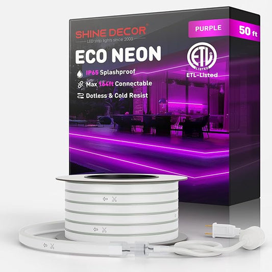 Shine Decor LED Rope Lights AC 120V, Connectable & Cuttable Dotless 120LEDs/M Eco Neon Strip Lighting, ETL IP65 Waterproof & Weather-Resistant for Home Commercial, 8x16mm, Purple, 50FT