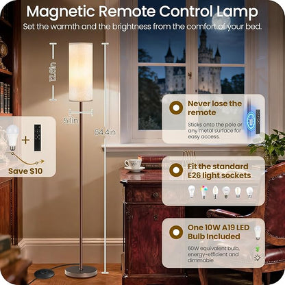 Dimmable Floor Lamps for Living Room with Remote and Foot Switch, 64.4” Modern Standing Tall Lamp, Corner Lamp for Bedroom, Office, Bulb Included, 3000K-6500K, Beige and Brown VW06LD05W1