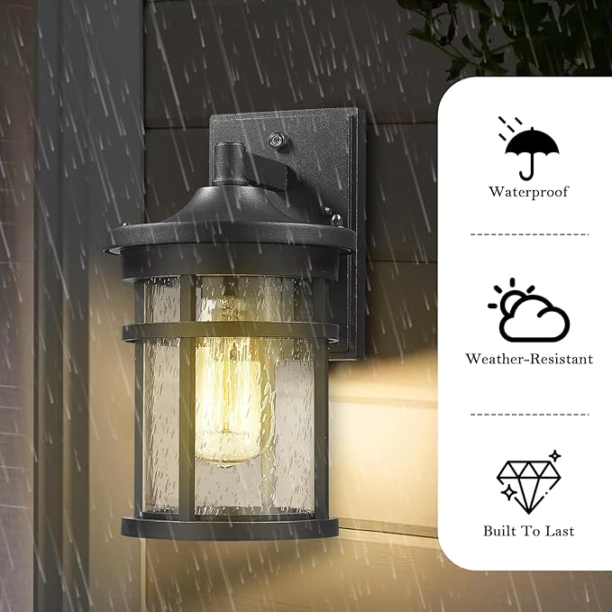 Dusk to Dawn Outdoor Wall Lighting Outdoor Wall Lantern with Sensor Exterior Wall Light Anti-Rust Porch Light Fixtures Wall Mount Waterproof Wall Sconce with Seeded Glass for House Patio Garage