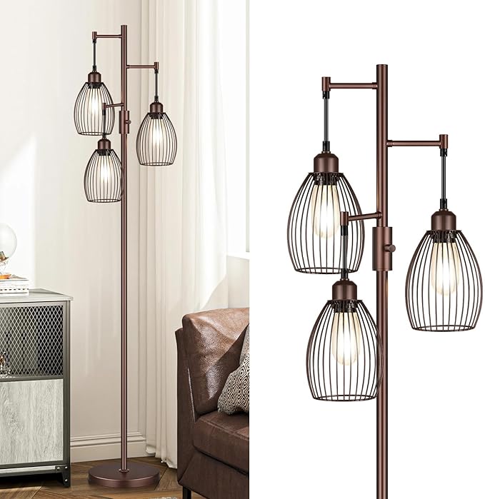Torondo Dimmable Farmhouse Industrial Floor Lamp, Matte Brown Tree Standing Tall Lamps with 3 Elegant Teardrop Cage Head & 800 Lumens LED Edison Bulbs for Living Room Bedroom Office Dining Room