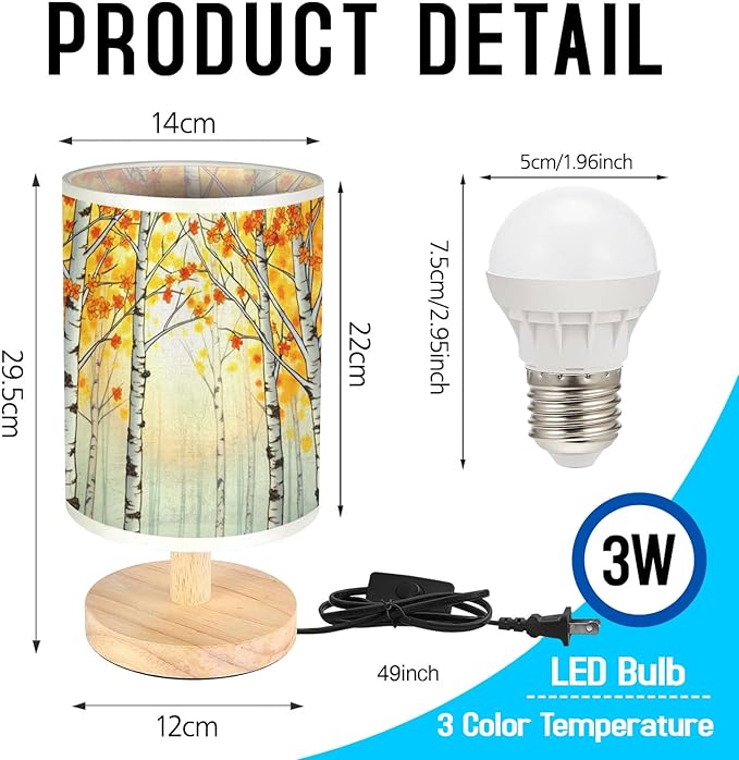 Birch Trees Table Lamp LED 3-Color Pressed Bedside, Birch Trees Shade Lamp with Wood Base for Bedroom Living Room Desk Office