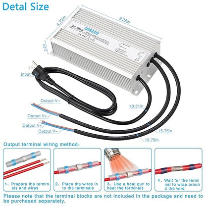 LED Driver 36V600W Waterproof Power Supply AC90-135V to DC36V16.6A IP67 Waterproof Low Voltage Transformer Suitable for Outdoor LED Lighting Lawn Lights and 36V DC Equipment