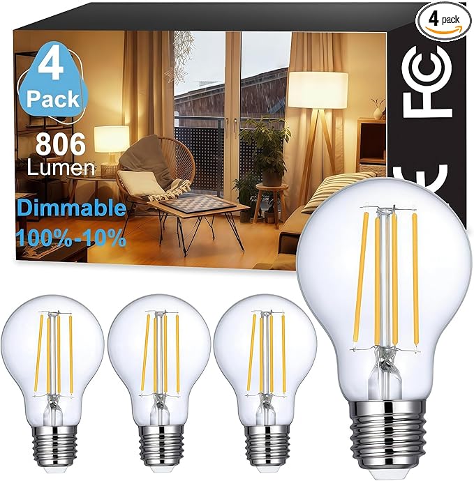 Vinaco A19 Dimmable LED Bulb 2700K Warm White, 4 PCS A19 Edison Bulb, 8W Equal 60W Clear Light Bulbs, Long Lasting 806LM Edison Bulbs E26 LED CRI85+ for Living Room, Chandelier