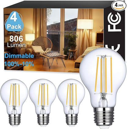 Vinaco A19 Dimmable LED Bulb 2700K Warm White, 4 PCS A19 Edison Bulb, 8W Equal 60W Clear Light Bulbs, Long Lasting 806LM Edison Bulbs E26 LED CRI85+ for Living Room, Chandelier
