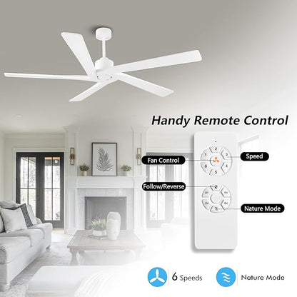 WINGBO 54 Inch DC Ceiling Fan without Lights, 5 Reversible Carved Solid Wood Blades, 6-Speed Noiseless DC Motor, Modern Ceiling Fan No Light for Bedroom Living Room Kitchen, White
