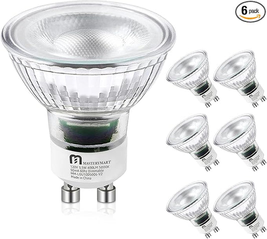 MASTERY MART LED GU10 Spotlight Light Bulbs, 50 Watt Equivalent, 5.5W Dimmable, Full Glass Cover Reflector, 5000K Daylight, 25000 Hours, UL Listed, Energy Star (Pack of 6)