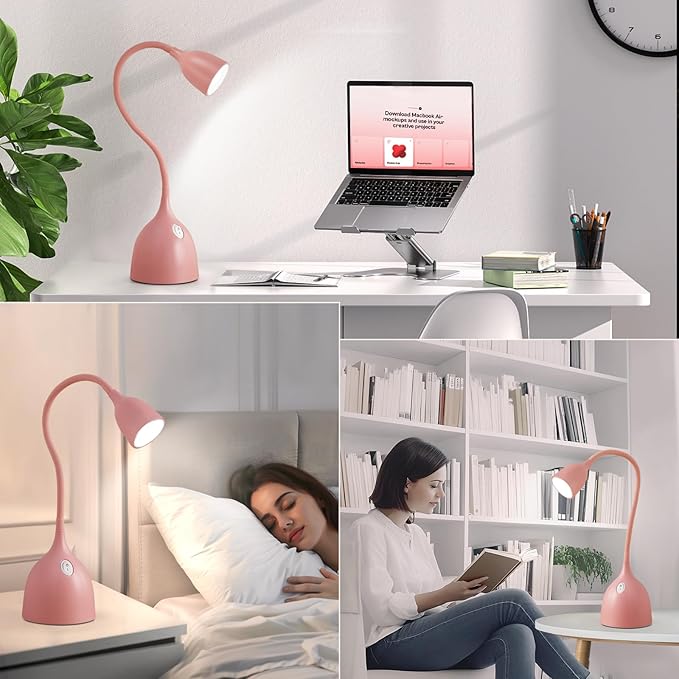 Gooseneck Desk Lamp 360° LED Flexible Reading Light Small Desk Lamps for Small Spaces Home Office Bedroom College Dorm Desk Bookshelf Nightstand Table Lamp (Pink)