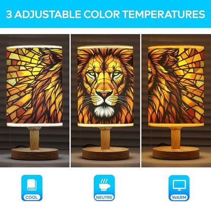 Lion Table Lamp LED 3-Color Pressed Bedside, Lion Shade Lamp with Wood Base for Bedroom Living Room Desk Office TL01