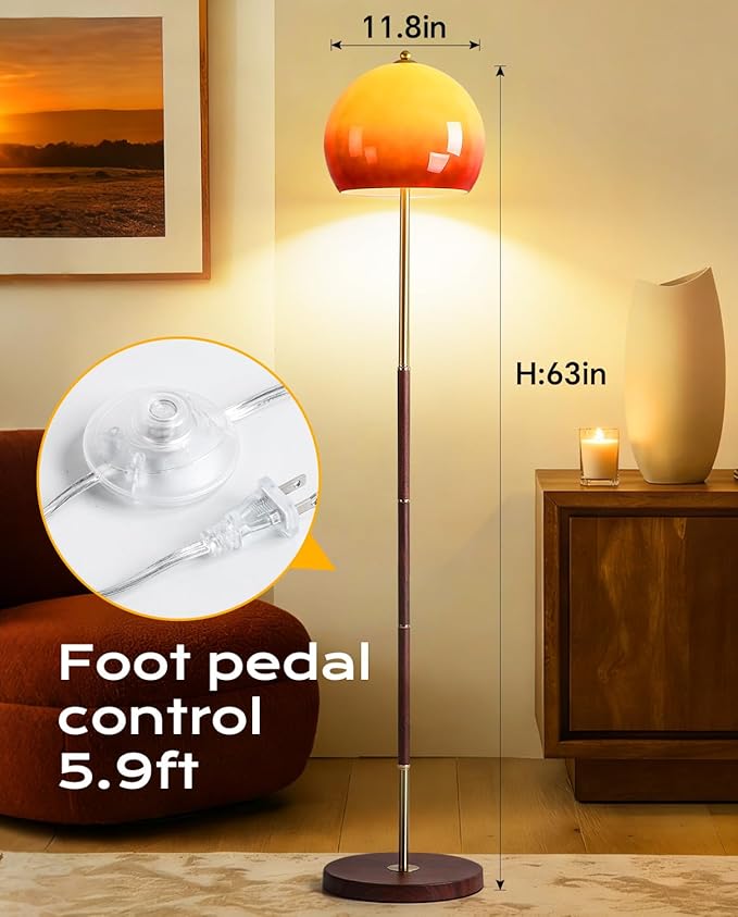 Orange Mushroom Floor Lamp, Vintage Floor Lamp with Gradient Glass Shade & Walnut Color Finish - Mid Century Modern Brushed Gold Standing Lamp for Living Room, Bedroom, Office