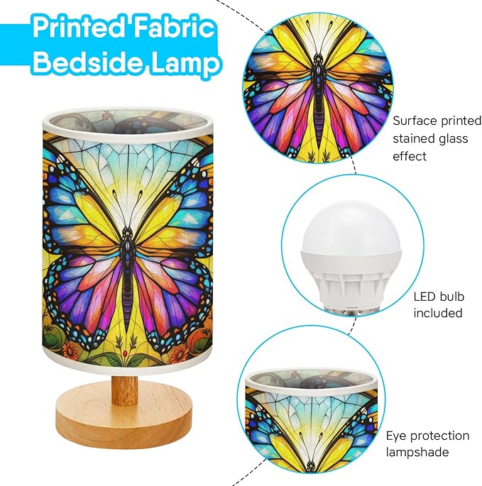 Butterfly Table Lamp LED 3-Color Pressed Bedside, Butterfly Shade Lamp with Wood Base for Bedroom Living Room Desk Office TL01