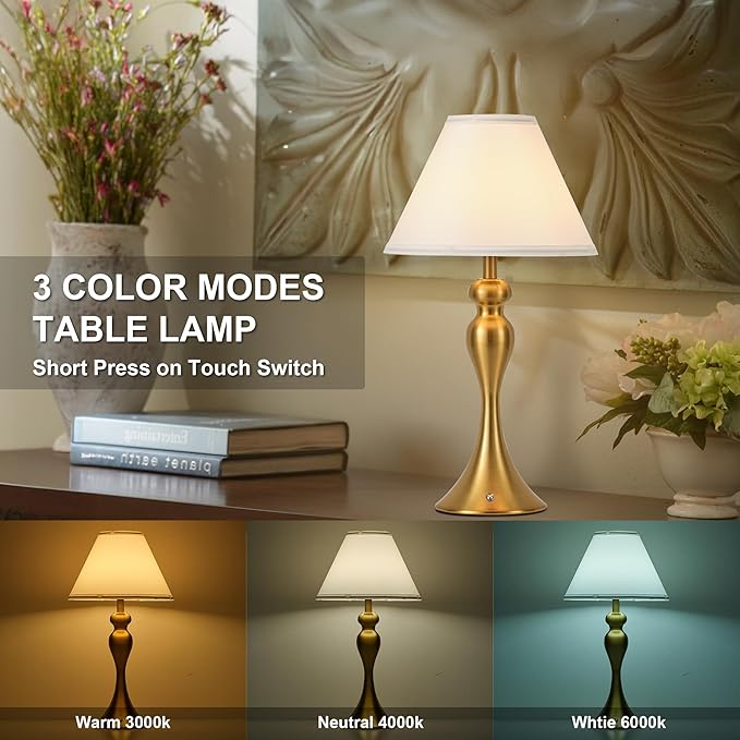Rechargeable Cordless Table Lamps, Battery Operated Lamp with Fabric Shade for Decor, 3 Color Stepless Dimming LED Table Light, Nightstand Lamp for Nursery, Bedroom, Living Room, Home Office (Brass)