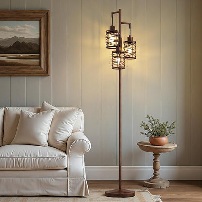 Oneach 70" Industrial Floor Lamp, Stepless Dimmable Standing Lamp with 3 Bulbs, Farmhouse Corner Standing Tree Lamp for Living Room, Tall Lamps for Bedroom, Office, Study Room, Dining Room, Walnut