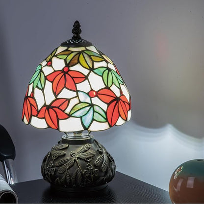 Tiffany Style Stained Glass Mushroom Table Lamp 8" White Red Green Maple Leaf Floral Shade Nightstand Light for Bedroom Dorm Living Coffee Office Housewarming Gift (White Maple Leaf)