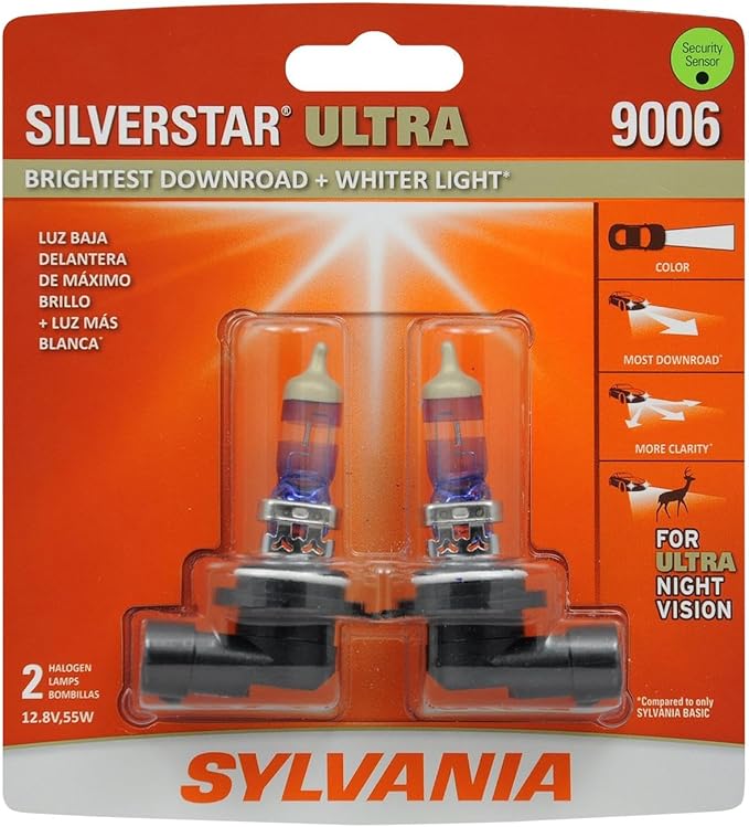 SYLVANIA - 9006 SilverStar Ultra - High Performance Halogen Headlight Bulb, High Beam, Low Beam and Fog Replacement Bulb, Brightest Downroad with Whiter Light, Tri-Band Technology (Contains 2 Bulbs)