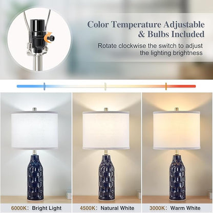 Luvkczc 24.8" Ceramic Table Lamps Set of 2 for Nightstand -Color Temperature&Bulbs Included, Bedside Lamps for Living Room Bedroom Home Office Table Decor, Navy Blue
