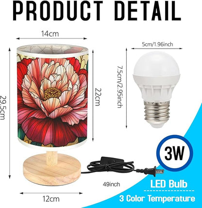 Carnation Table Lamp LED 3-Color Pressed Bedside, Carnation Shade Lamp with Wood Base for Bedroom Living Room Desk Office TL01